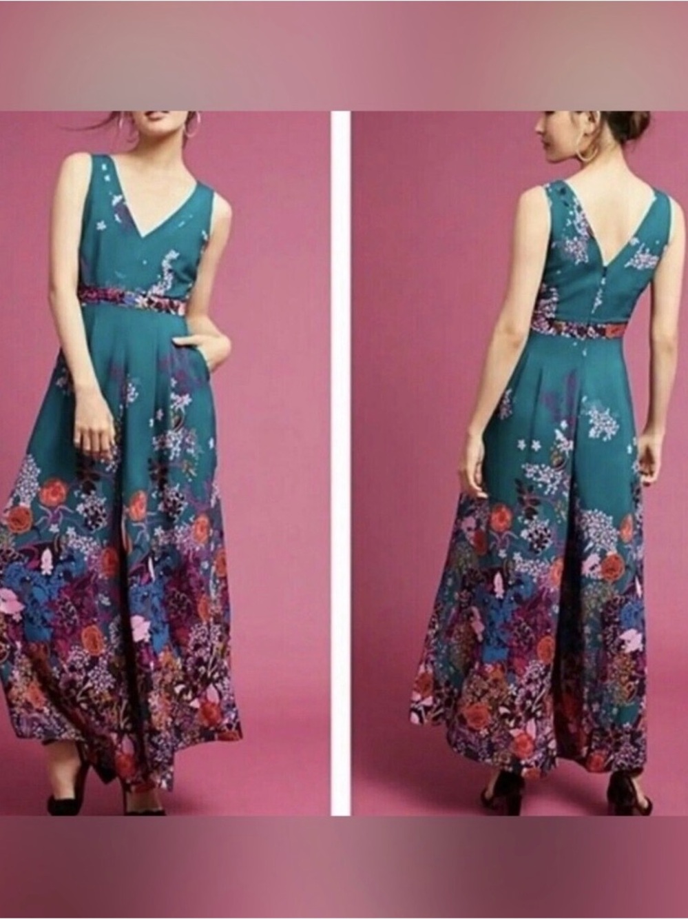 Maeve by Anthropology Teal Wide-Leg Jumpsuit (purple belt not included)